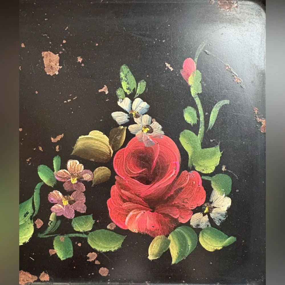Vintage Toleware Hand Painted Red Rose Floral Black Decorative Tray